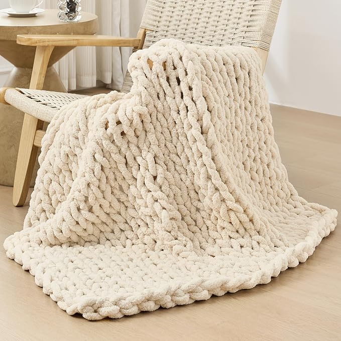 Bigacogo Chunky Knit Throw Blanket for Couch, 40x40 inches, 100% Hand Knitted with Thick Jumbo Chenille Yarn, Cozy Soft Large Rope Knot Cable Crochet Blankets for Sofa Bed Living Room, Beige-Ruum Studio Home