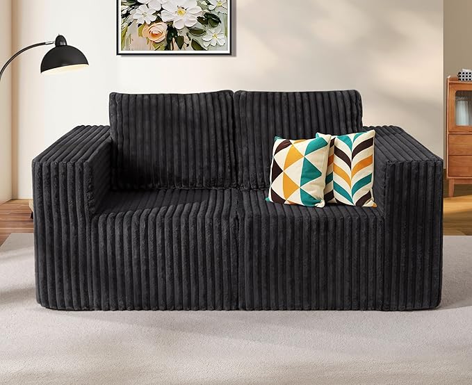 Modular Sectional Sofa 2 Seater Loveseat Modular Couch with Deep Seat Memory Foam Cloud Chair with Pillows Oversized Sectional Sofa for Living Room Bedroom (Strip Grey, Loveseat)-Ruum Studio Home