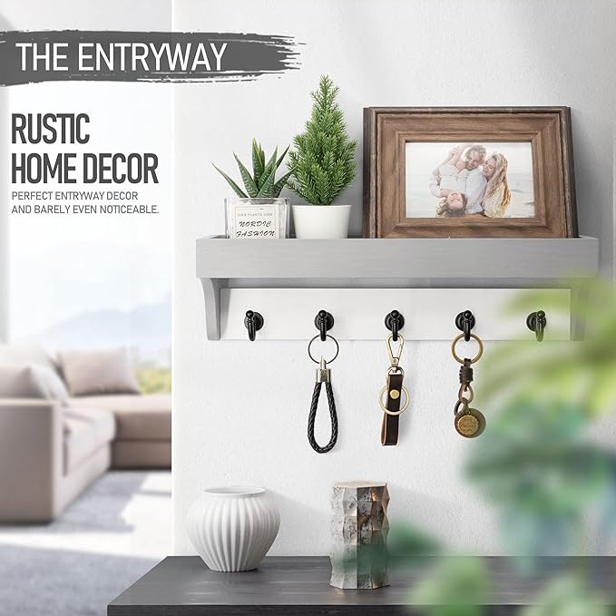 Rebee Vision Key Holder with Mail Organizer Wall Mount - Decorative Home Essentials for Key Rack with 5 Rustic Keys Hooks - Modern House Decor for Entryway (Gray & White)-Ruum Studio Home