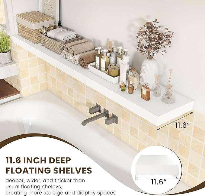 White Floating Shelves for Wall - 72 Inch Wide x 12 Inch Deep Wall Shelves Set of 1 - Rustic White Wood Shelves for Living Room, Bathroom, Laundry Room, Bedroom, Kitchen, Home Office-Ruum Studio Home