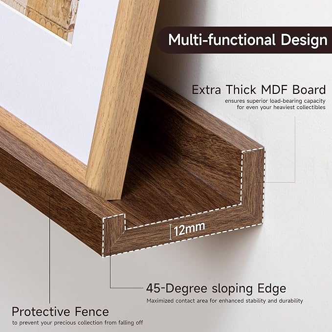 Floating Picture Ledge Shelves for Wall Set of 2, 95 Inches Picture Ledge Shelf with Long Large Nursery Book Shelf for Toys Storage Kids Bookshelf Wall Mounted Living Room Bedroom Decor Frames, Walnut-Ruum Studio Home