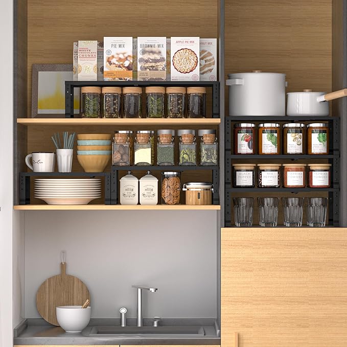 Expandable,Adjustable & Stackable Spice Rack, Cabinet Kitchen Countertop Shelf Organizer,Metal Pantry Storage Shelves - Space-Saving Storage Solution(1Pack/Black/Large)-Ruum Studio Home