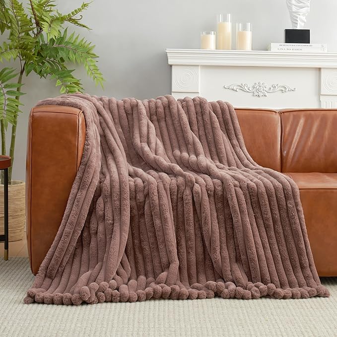 Amélie Home Faux Fur Throw Blanket for Couch, Cozy Fuzzy Fluffy Fur Luxurious Soft Striped Plush Gift Blankets for Family Sofa Chair Bed Living Room Bedroom, 55"x70", Light Coffee-Ruum Studio Home