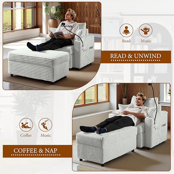 Accent Chair with Storage Ottoman Upholstered Living Room Chairs for Reading Chair with Chaise Lounge Chairs Indoor, Comfortable Armchair for Bedroom-Ruum Studio Home