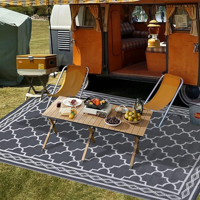 GAOMON Outdoor Rug Waterproof 8'x10', Reversible Outdoor Plastic Straw Rug, Boho Patio Rug, Indoor Outdoor Carpet, RV Mat Outside for Patio, Camp, Picnic, Balcony, Deck, Grey/White(Geometric)-Ruum Studio Home