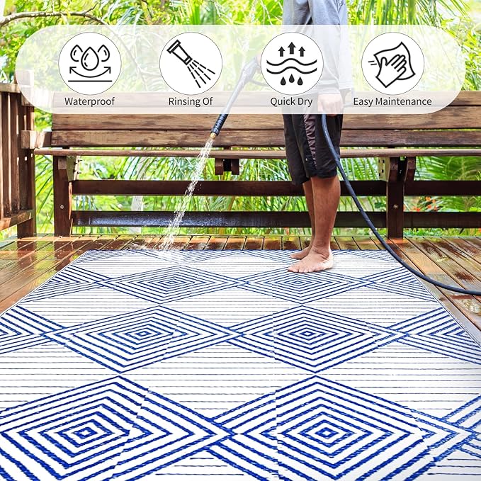 Waterproof Outdoor Rug 6x9ft, Foldable Reversible Plastic Straw Mat for Patio RV Deck Porch Backyard Balcony Camping Picnic Beach Indoor Outdoor Carpet, Blue&White-Ruum Studio Home