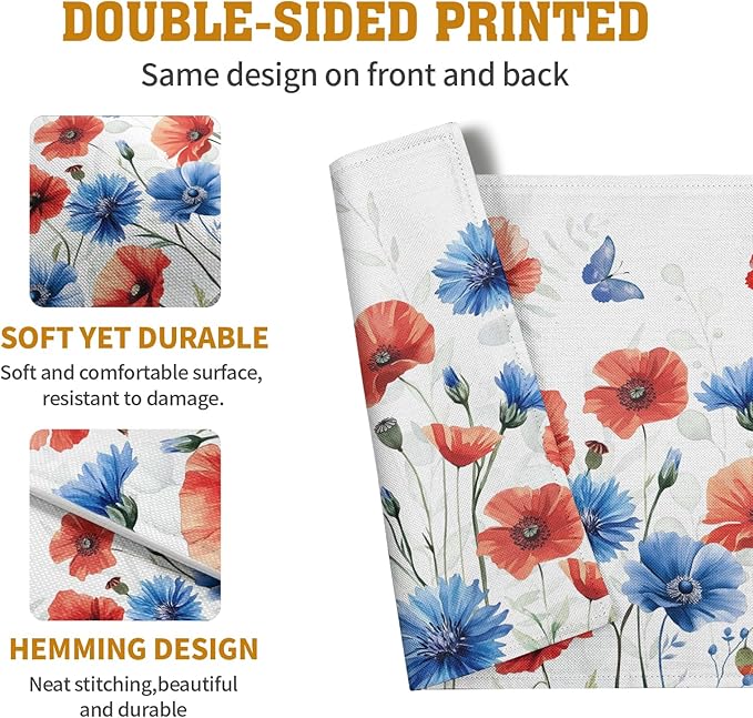 4th of July Floral Placemats Set of 4 Patriotic Summer Red Blue Flowers Linen Fabric Table Mats America Memorial Day Independence Day Place Mats for Party Kitchen Dining Decoration-Ruum Studio Home