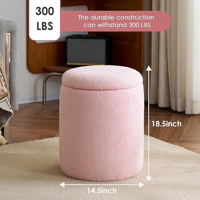 YFO Round Ottoman with Removable Lid Upholstered, Multifunctional Vanity Chairs for Makeup, Soft Footrest Stool Ottoman Foot Stool for Living Room, Bedroom, Boucle, Pink-Ruum Studio Home