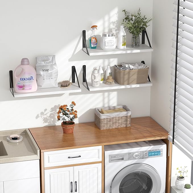 Heimlove Floating Shelves for Wall, 16 Inch Long Wood Floating Shelves Set of 3, Wall Mounted Hanging Shelf for Bathroom Bedroom Kitchen, White-Ruum Studio Home