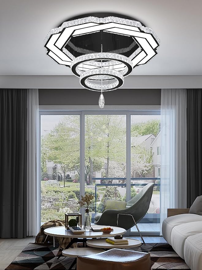 Flashing God Dia 32" Modern Crystal Chandelier Crystal Black Ceiling Light Fixtures LED Flush Mount Ceiling Light for Living Room Bedrooms Dining Room Dimmable 2700k- 6000k-Ruum Studio Home