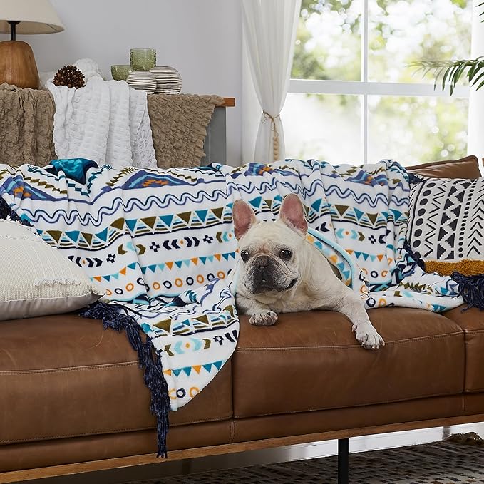 CASAAGUSTO Boho Throw Blanket - Blue and White Decorative Blankets with Tassel, Printed Flannel Bohemian Blanket for Chair, Bed, Sofa, Couch(50 * 60, Blue and White)-Ruum Studio Home