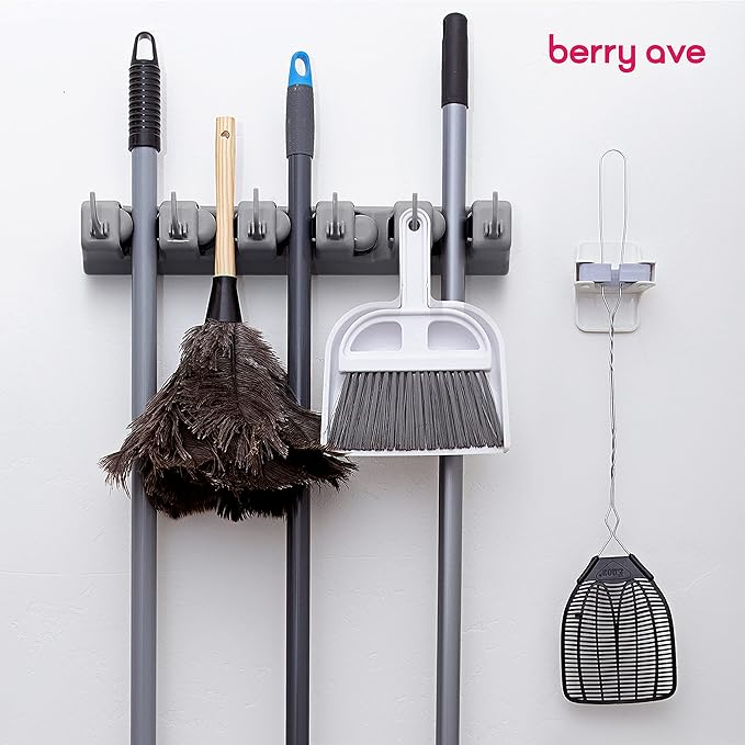 Combo 5 Slot Broom Holder w/ 1 Self Adhesive Mop Gripper No-Drilling, Wall Mount Tool Organizers For Kitchen, Garage, Laundry Room- Anti-Slip Hanger For Brooms, Mops, Rakes, Dustpans (Grey / White)-Ruum Studio Home