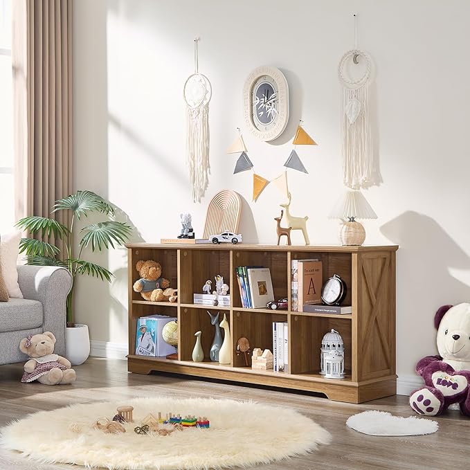 Farmhouse 8 Cube Bookshelf, Storage Organizer Bookcase, Kids Toy Storage Cabinet, Long Bookshelves Storage Organizer Shelf, Wood Display Cabinet Book Shelves for Bedroom,Living Room, Natural Oak-Ruum Studio Home