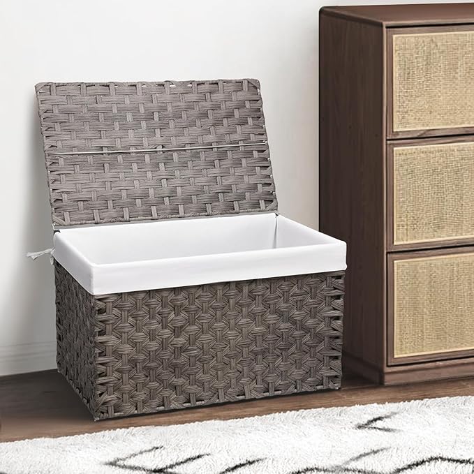 Wicker Storage Basket with Lid, 42.3 Gallon (160L) Large Blanket Basket with Lid, Woven Storage Bin with Handles, Removable Liner, Metal Frame, Foldable, for Bedroom, Laundry Room, Grey-Ruum Studio Home
