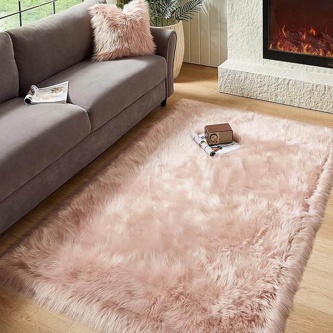 AMTOVO Faux Fur Sheepskin Rug for Living Room, 4 x 6 ft Pink Fluffy Area Rug for Bedroom, Playroom, Luxury Room Decor, Rectangle-Ruum Studio Home
