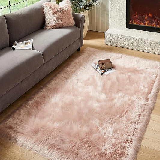 AMTOVO Faux Fur Sheepskin Rug for Living Room, 4 x 6 ft Pink Fluffy Area Rug for Bedroom, Playroom, Luxury Room Decor, Rectangle-Ruum Studio Home