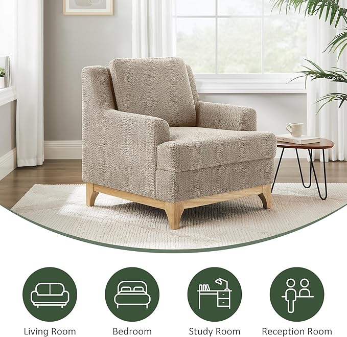 Oversized Accent Chair, Modern Boucle Armchair with Wood Legs, Modern Reading Chair with Thick Cushion, Comfy Chairs for Living Rooms, Bedrooms, Reading nooks and Apartments-Ruum Studio Home