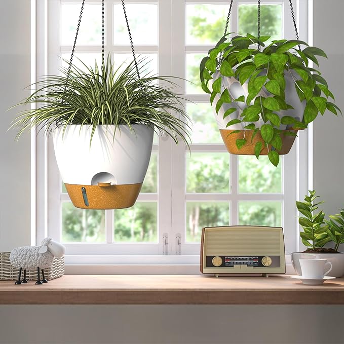 ZMTECH 12 Inch Hanging Planters for Indoor Outdoor Plants, 2 Pack Self Watering Hanging Plant Pots with Drainage Hole, Visual Reservoir, Plastic Flower Hanging Pots with Watering Lip (White)-Ruum Studio Home