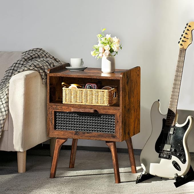 Lerliuo Rattan Nightstand, Boho Side Table with Drawer Open Shelf, Cane Accent Bedside End Table with Solid Wood Legs for Bedroom, Dorm and Small Spaces (Brown)-Ruum Studio Home