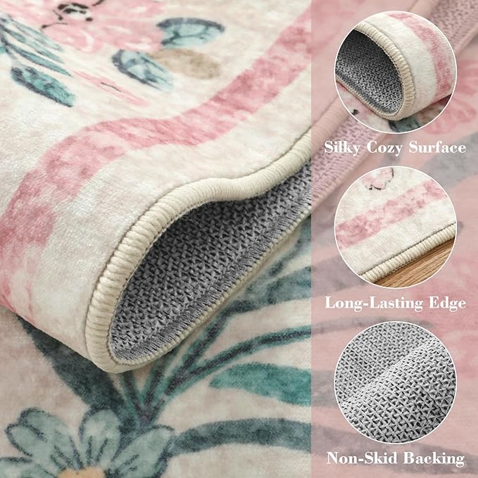 Wonnitar Washable Area Rug 6x9, Pink Floral Rugs for Bedroom Girls Soft Living Room Carpet Ultra-Thin, Boho Non Slip Non-Shedding Pastel Nursery Carpet for Kids Room Playroom Dorm-Ruum Studio Home