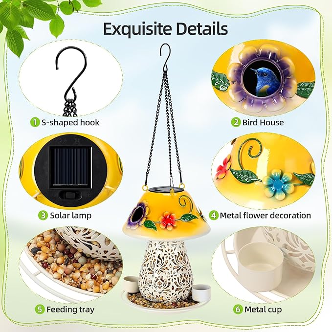 Mushroom Solar Bird Feeders for Outdoors Hanging Metal Wild Bird Feeder Garden Lantern with S Hook for Garden Decoration Yellow-Ruum Studio Home