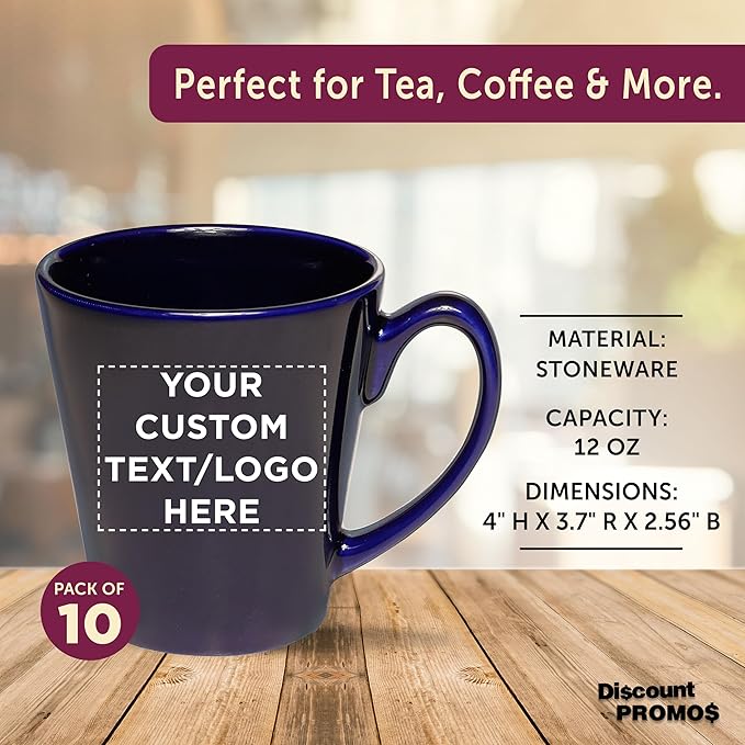 DISCOUNT PROMOS Custom Glossy Ceramic Latte Coffee Mug 12 oz. Set of 10, Personalized Bulk Pack - Perfect for Tea, Espresso, Cappuccino, Hot Cocoa - Blue-Ruum Studio Home