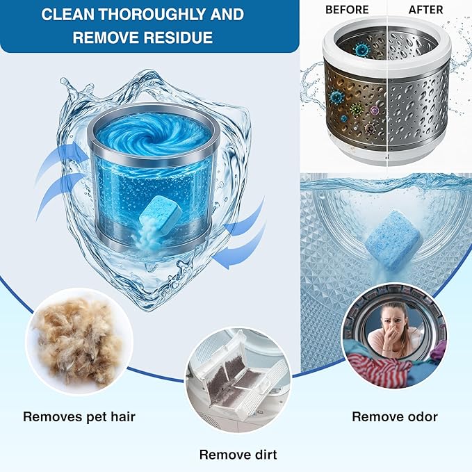 Washing Machine Cleaner, Septic Safe Washer Descaler Tablets for Removing Pet Hair, Odors, Residue, Suitable for HE Front Loader, Top Load, 1 Year Supply, 24 Pack (For Pet Owner)-Ruum Studio Home