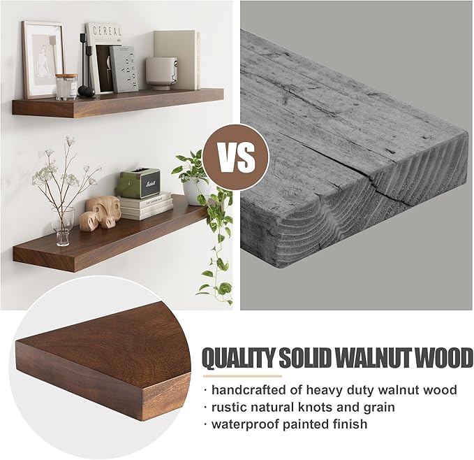 Floating Shelves for Wall, USA-Sourced Walnut Wood 24 Inch Wall Shelves Set of 2, Natural Wooden Wall Mounted Picture Ledge Shelf, Nursery Book Storage Shelf Kids Bookshelf, Display Shelf for Bathroom-Ruum Studio Home