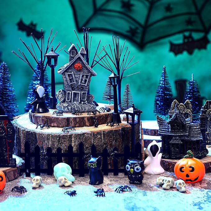 56 Pcs Halloween Village Accessories Set Halloween Haunted House Village Set Miniature Tombstones Tree Fake Spiders Fence Streetlamp Figurines for Home Table Party Decor-Ruum Studio Home