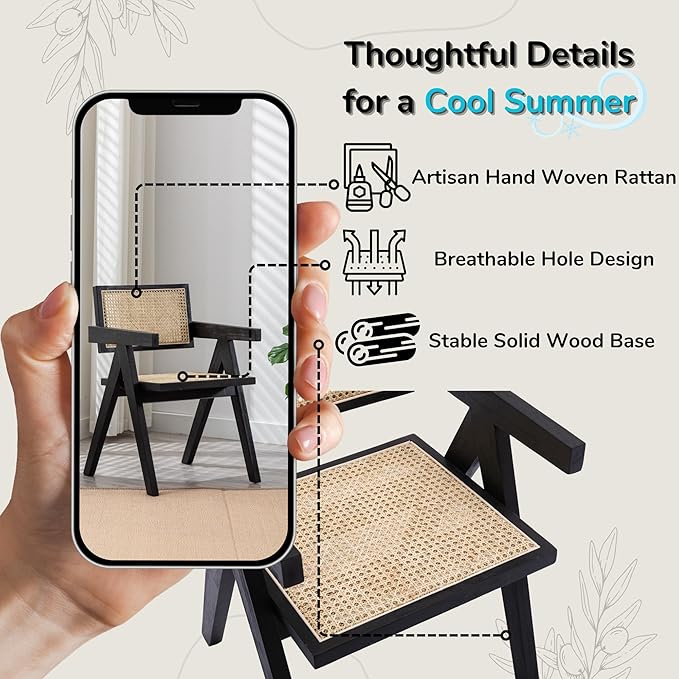 Rattan Dining Chairs Set of 2, Farmhouse Wicker Dining Chairs with Cane Seat Accent Armchair for Dining Room Kitchen Restaurant, Walnut-Ruum Studio Home