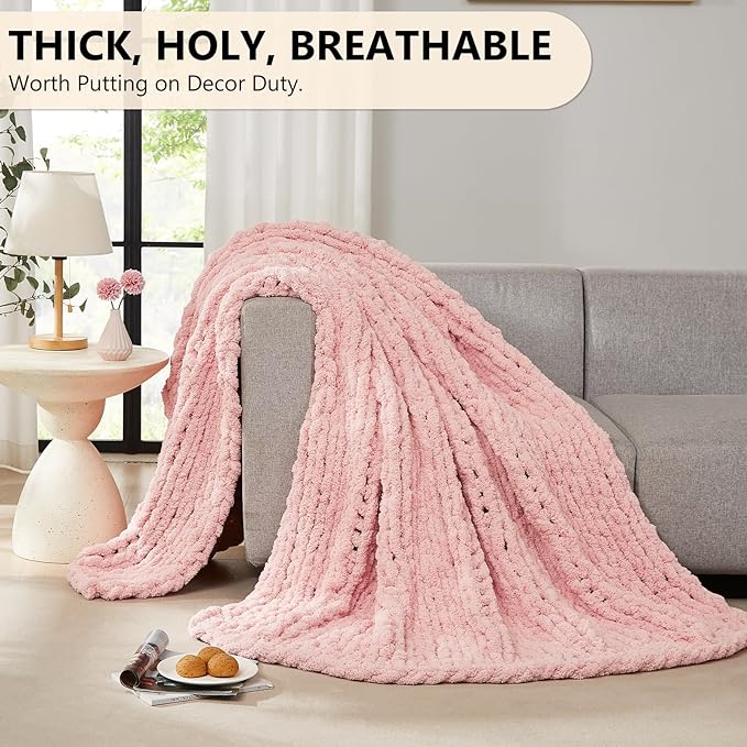 L'AGRATY Chunky Knit Blanket Throw: 72''x84'' Chenille Chunky Knitted Throw Blanket for Bed Couch - Handmade Thick Big Cable Knit Blanket - Large Chunky Crochet Rope Blanket for Home Decor(Pink)-Ruum Studio Home