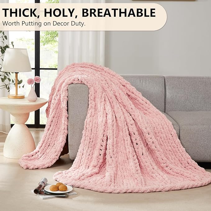L'AGRATY Chunky Knit Blanket Throw: 80''x90'' Chenille Chunky Knitted Throw Blanket for Bed Couch - Handmade Thick Big Cable Knit Blanket - Large Chunky Crochet Rope Blanket for Home Decor(Pink)-Ruum Studio Home