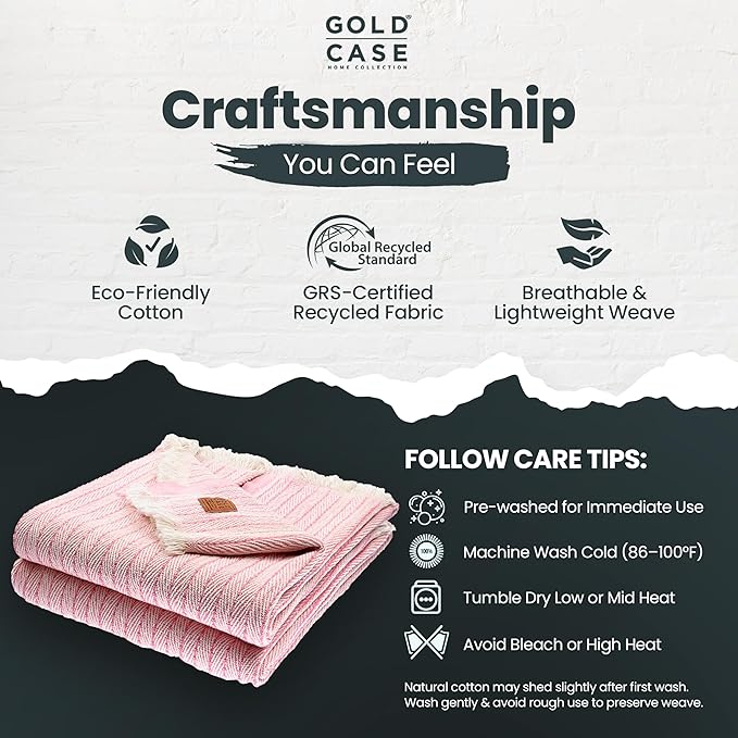 Gold Case Throw Blanket for Couch – 100% Recycled Turkish Cotton Blankets & Throws – Elegant Decorative Throw Blankets for Living Room Sofa – Woven Throws for Couch – Vintage Pink – 50x60 (Set of 2)-Ruum Studio Home