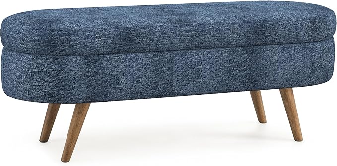 Oval Storage Bench 43.5" Linen Fabric Upholstered Entryway Bench with Solid Wood Legs Ottoman Bench Indoor Bench for Living Room/Bedroom/End of Bed/Entryway (Blue)-Ruum Studio Home