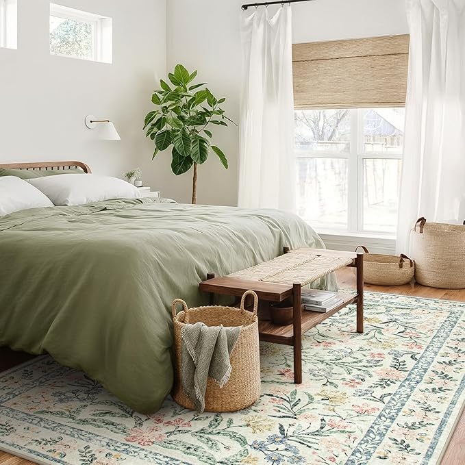 Wonnitar Large Washable 8x10 Rug, Boho Living Room Rug 8 x 10, Soft Floral Carpet for Bedroom Non Slip, Indoor Soft Beige Carpets for Dining Room Apartment Office-Ruum Studio Home