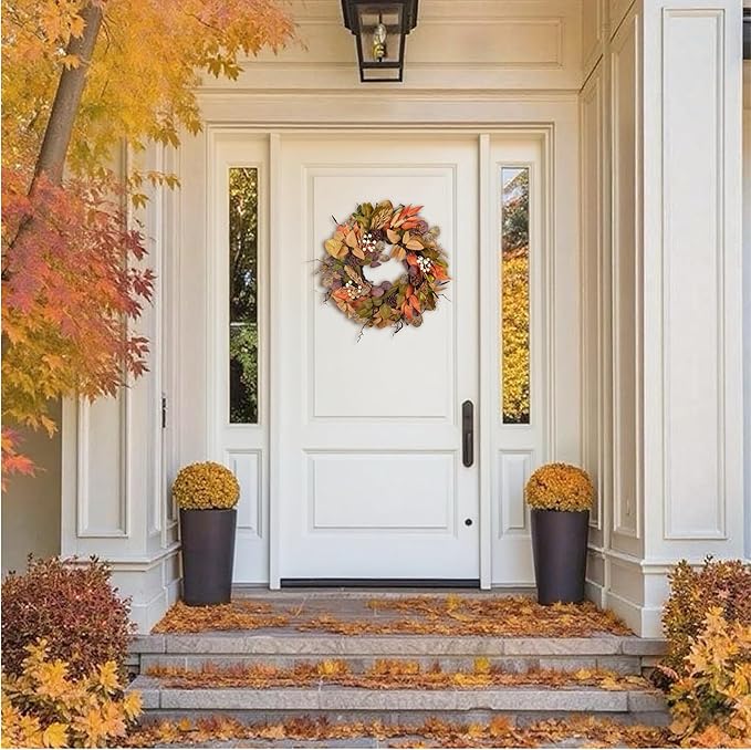 24" Fall Wreath for Front Door Handmade with Artificial Autumn Leaves, Natural Pinecones, Faux Berries and Wheat, Autumn Harvest Wreath Decoration for Home Farmhouse Door Wall Window Porch-Ruum Studio Home