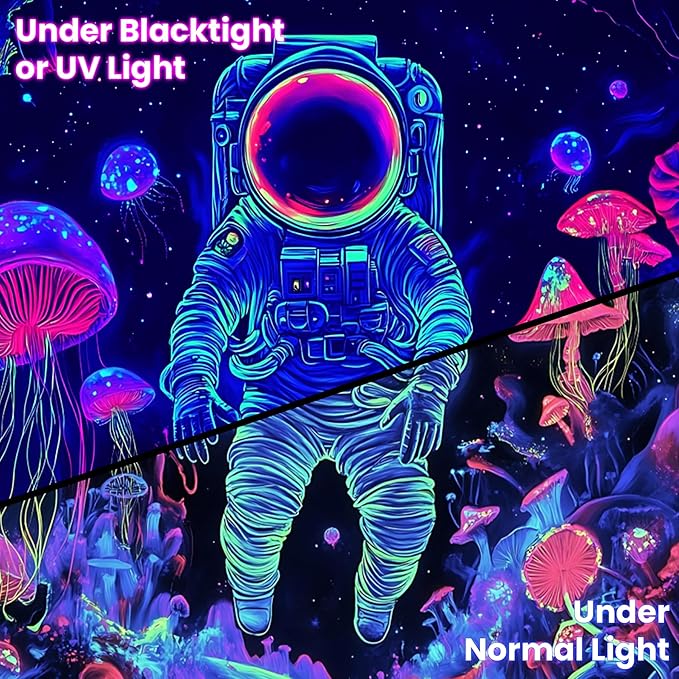 BVBOX Astronaut Space Blacklight Tapestry 79"x59", UV Reactive Astronaut Mushroom Forest Universe Galaxy Planet Glow in Dark Tapestries, Black Light Neon Upright Poster Wall Hanging Backdrop Decor for Bedroom Living Room-Ruum Studio Home