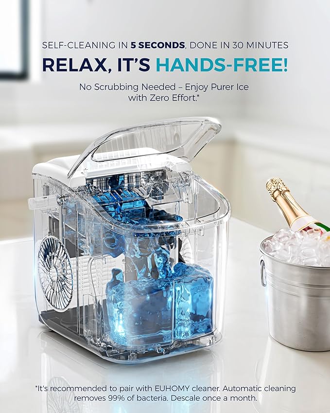 EUHOMY Countertop Ice Maker Machine with Handle, 26lbs Per Day, 9 Ice Cubes Ready in 6 Mins, Auto-Cleaning Portable Ice Maker with Basket and Scoop, for Home/Kitchen/Camping/RV (White)-Ruum Studio Home