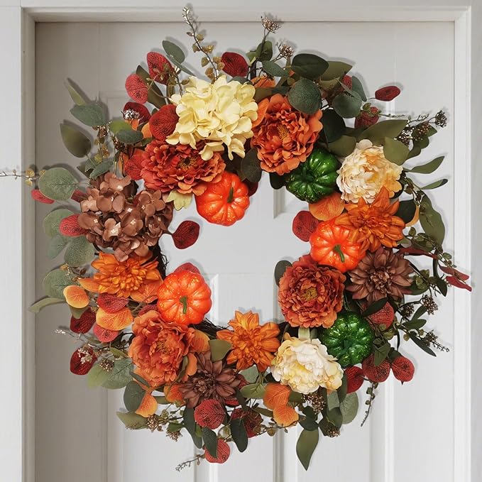 Fall Wreaths for Front Door 24 Inch with Realistic Pumpkin Hydrangea Peony Dahlia Flower, Thanksgiving Harvest Autumn Wreath for Indoor Outdoor Decor, Rustic Farmhouse Seasonal Decoration-Ruum Studio Home