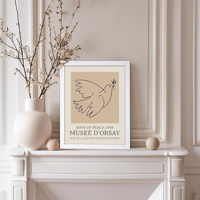 Poster Master Vintage Poster - Retro Minimalist Print - Gift for Artist, Friend - Dove Of Peace, Line Drawing, Sketch, Abstract - Wall Decor for Living Room, Bedroom, 11x14 White Framed-Ruum Studio Home