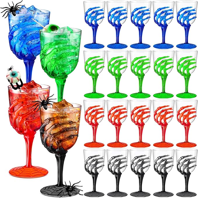 Sliner 24 Pcs Halloween Skeleton Hand Plastic Goblets 12 oz Spooky Skeleton Hand Goblets Halloween Wine Glasses Champagne Glassware Creepy Clear Cups for Party Haunted House, 4 Color-Ruum Studio Home