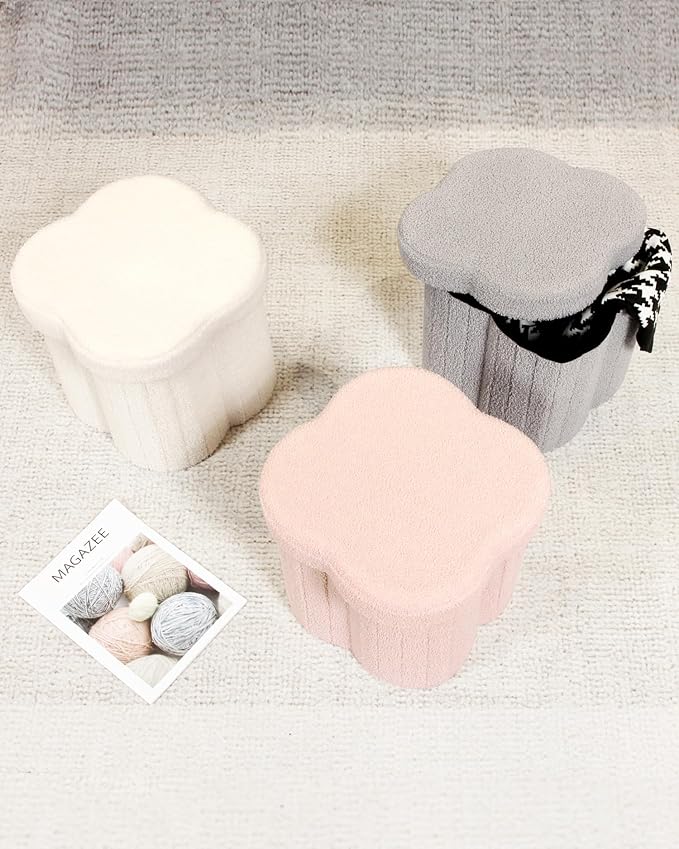 B FSOBEIIALEO Storage Ottoman Cube, Flowers Shaped Ottomans with Storage Foot Stool Footrest for Lving Room, Boucle Ottoman Seat for Dorm Room,Faux Teddy Fur, Cream White 12.6"x12.6"x12.6"-Ruum Studio Home