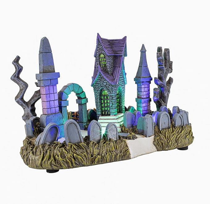 Cemetery Yard Graveyard Grave Theme Spooky Halloween Village Colorful LED Lights 9.25"x 5" x 6.25"-Ruum Studio Home