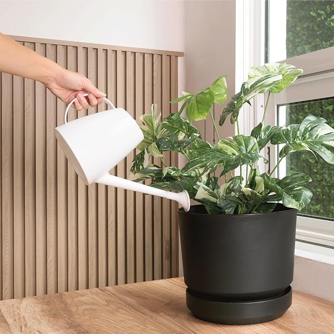 Elly Décor 12 inch Plastic Cylinder Planter Pot with Self-Watering Saucer and Drainage Hole,Lightweight & Extremely Durable, 12"x 12", Black-Ruum Studio Home