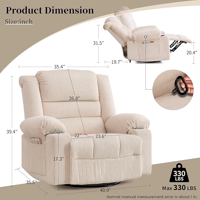 Recliner Chair Modern Ergonomic Lounge Swivel Single Sofa Seat Living Room Recliners on Clearance Foam Filling-Ruum Studio Home