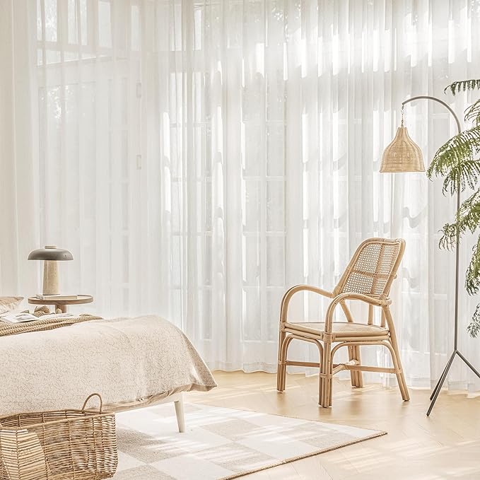 FMFUNCTEX Linen Sheer Curtains for Bedroom, Beige Curtains 96 Inches Long Semi Sheer Draperies for Living Room, Natural Cream White Light Filtering Farmhouse Curtain, Grommet Top 2 Panels-Ruum Studio Home