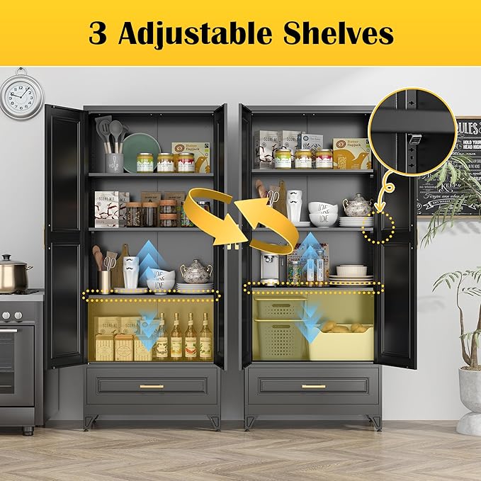 75" Kitchen Pantry Cabinet with Drawer, Metal Storage Cabinets with Doors and 4 Adjustable Shelves,Black Kitchen Cabinet with 2 Gold Handles,Food Cupboard for Livingroom,Pantry-Ruum Studio Home