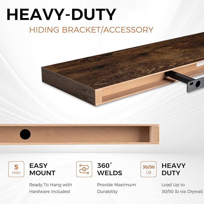 36Inch Floating Shelves for Wall 2 Pack Wood Shelves for Kitchen, Bathroom, Bedroom Wall Mounted Rustic Wood Floating Shelf with Invisible Brackets for Books, Storage, Decor, Rustic Brown-Ruum Studio Home