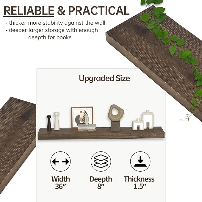 Floating Shelves for Wall, USA-Sourced Fir Wood 36 Inch Wall Shelves Set of 2, Natural Rustic Solid Wooden Floating Shelves Wall Mounted, Nursery Book Storage Shelf, Display Shelf for Bathroom-Ruum Studio Home