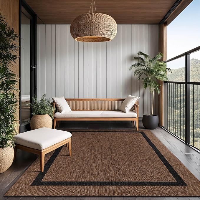 Bordered Outdoor Rug 9x12 Washable Outside Carpet for Indoor Patio Porch Waterproof Easy Cleaning Non Shedding Area Rugs Nut Brown - Black 9 x 12-Ruum Studio Home